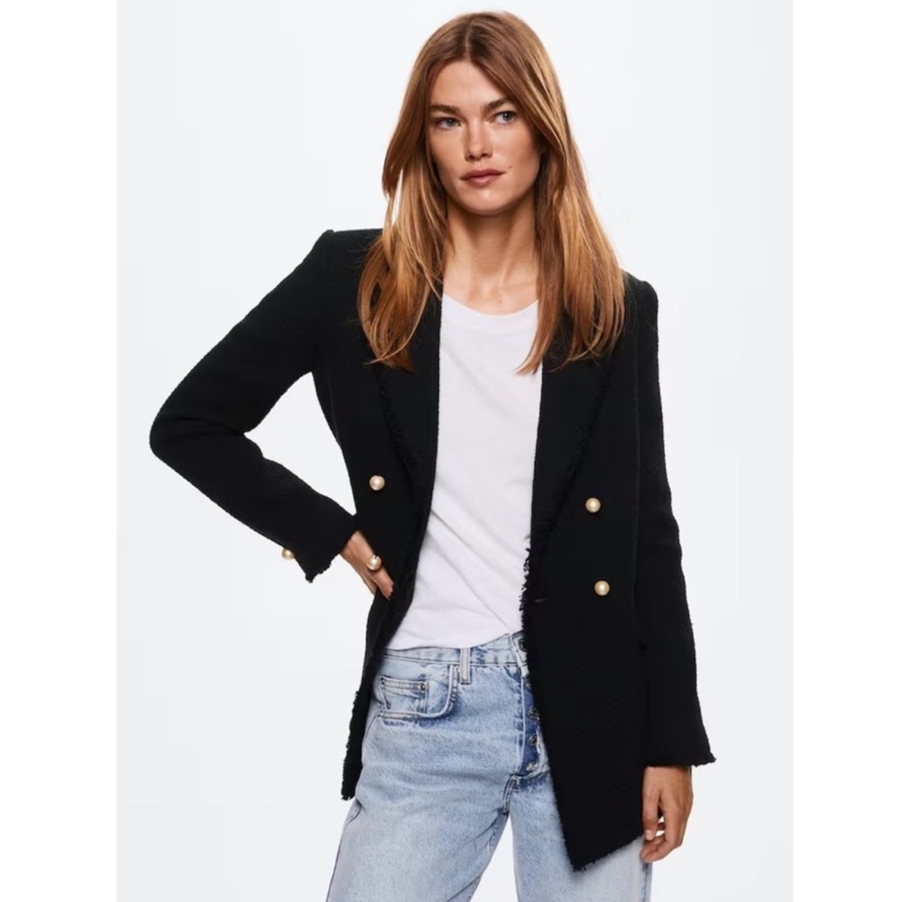 MNG Mango Black Tweed Blazer Jacket with Pearl Buttons XS NWT